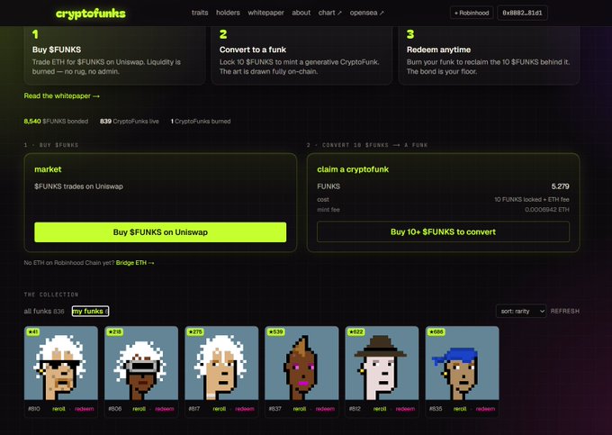 A screenshot of the Cryptofunks website showing options to buy $FUNKS on Uniswap, convert to a Funk NFT, and redeem, with a gallery of pixel-art CryptoPunk characters displayed at the bottom.
