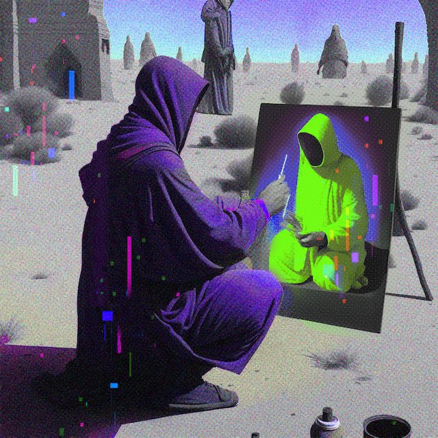 A surreal digital artwork showing a hooded purple-cloaked figure kneeling in a desert landscape and painting a portrait of another hooded figure rendered in glowing neon green on a canvas, with other hooded figures in the distance and glitch-like colorful artifacts scattered throughout.