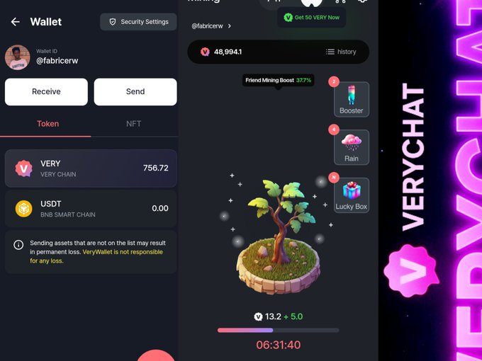 A promotional image for a crypto platform showing 'VERY Wallet' with a token balance of 756.72, a mining feature with a tree graphic (13.2 +5.0), and 'VERYCHAT' displayed vertically in pink neon.