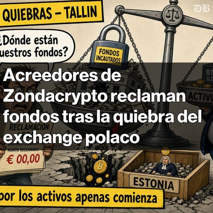 A Spanish-language news graphic with a cartoon illustration of a courtroom, headlined 'Acreedores de Zondacrypto reclaman fondos tras la quiebra del exchange polaco', mentioning Tallin and Estonia.