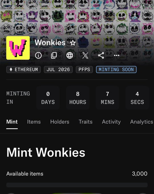 NFT minting page for 'Wonkies' on Ethereum, with 'MINTING SOON' label, 3,000 available items, and a countdown of 0 days, 8 hours, 7 mins, 4 secs remaining for the July 2026 launch.