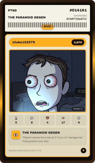 A stylized trading card labeled 'PTSD THE PARANOID DEGEN' with an illustration of a wide-eyed, anxious-looking man and the text 'Patient checks the chart at 3:17 a.m. to manage risk.'