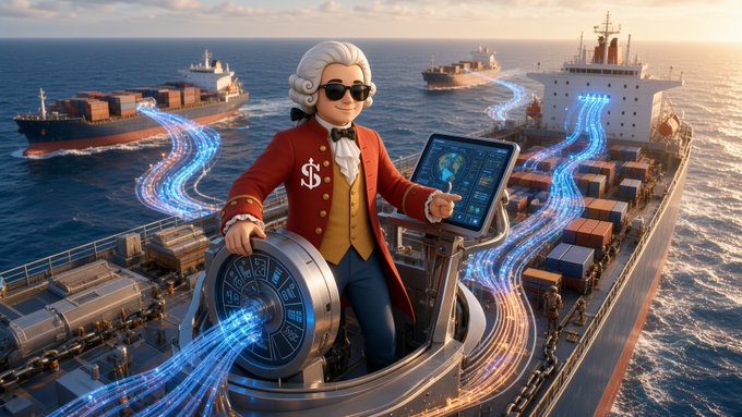 A stylized 3D render of a figure in colonial-era attire with a dollar sign on his vest, operating a glowing wheel and digital tablet aboard a cargo ship, surrounded by shipping vessels and futuristic blue data streams.