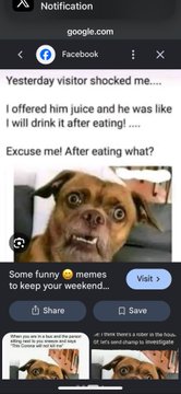 A mobile screenshot shows a Facebook notification with text 'Yesterday visitor shocked me.... I offered him juice and he was like I will drink it after eating!..... Excuse me! After eating what?'
