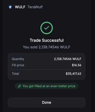 A mobile app screenshot shows a successful trade confirmation for selling 2,138.74546 WULF tokens at $16.56 per token, totaling $35,417.62 on the TeraWulf platform.