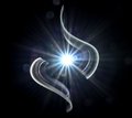 A digital artwork depicting a glowing blue starburst or portal surrounded by swirling light ribbons against a dark background.
