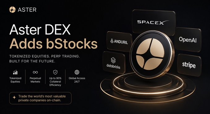 Marketing image for Aster DEX announcing the addition of bStocks for tokenized equities and perpetual trading, featuring partner logos including SpaceX, OpenAI, Anduril, databricks, and stripe.