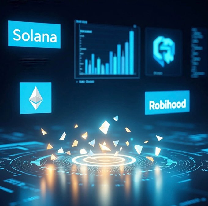 A futuristic digital display featuring cryptocurrency and trading platform logos including Solana, Ethereum, and Robinhood, with floating geometric shapes emerging from a glowing circular interface.
