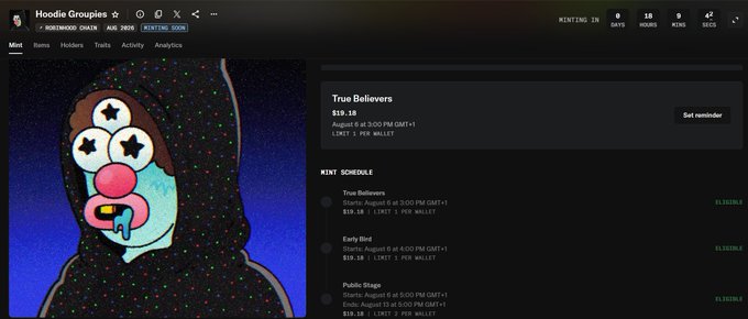 Screenshot of a HoodieGroupies NFT minting website displaying 'True Believers' mint schedule at $19.18 with upcoming stages including 'Early Bird' and 'Public Stage' starting August 5-6 at various times.