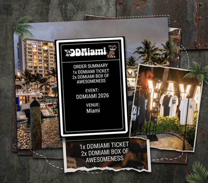 A promotional collage for 'DDMIAMI 2026' event in Miami, displaying an order summary for 1 ticket and 2 'DDMIAMI BOX OF AWESOMENESS' items, with photos of merchandise clothing racks.