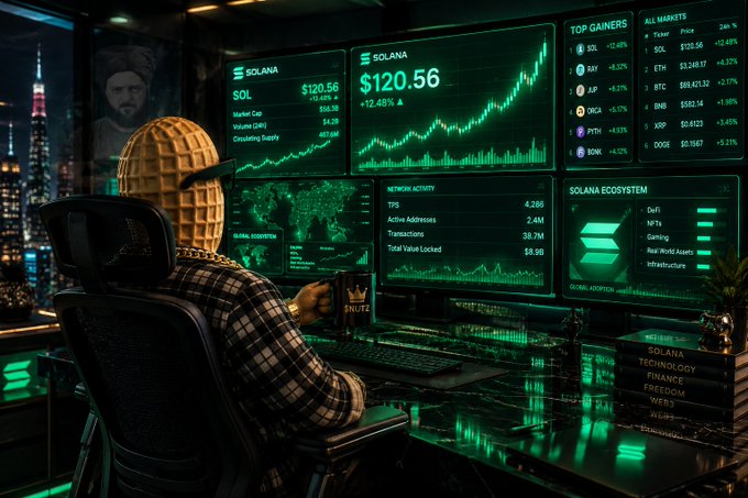 An illustration of a person wearing a waffle-shaped mask sitting at a multi-screen trading setup displaying Solana (SOL) cryptocurrency data at $120.56, with various market stats and a neon-lit cityscape in the background.