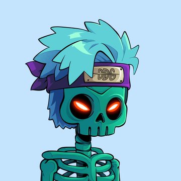 A cartoon illustration of a teal skeleton with cyan/blue spiky hair, a purple headband, and glowing red eyes on a light blue background.