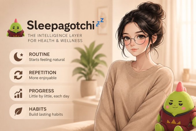 A promotional graphic for "Sleepagotchi" describes it as "The Intelligence Layer for Health & Wellness," showing an illustrated woman beside a green character and listing benefits like Routine, Repetition, Progress, and Habits.