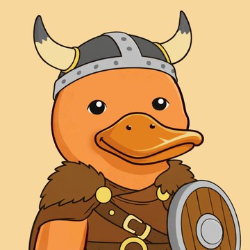 A cute cartoon illustration of an orange duck wearing a Viking horned helmet, fur cloak, and holding a round shield against a peach background.