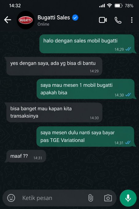 A WhatsApp conversation with "Bugatti Sales" where a customer jokingly tries to order a Bugatti car and pay at the TGE Variational event, receiving a confused "maaf??" reply. The image humorously ties to the post's playful question about Bugatti color by mocking the absurdity of casually buying such an expensive car.