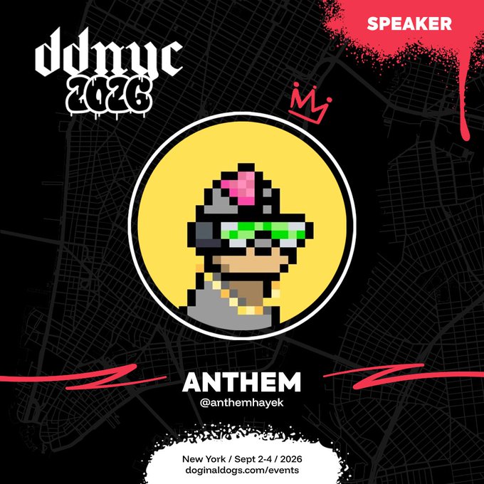 An event graphic for 'DDMYC 2026' featuring a pixel art character with green pixelated sunglasses, advertising speaker 'ANTHEM (@anthemhayek)' for New York, Sept 2-4, 2026.