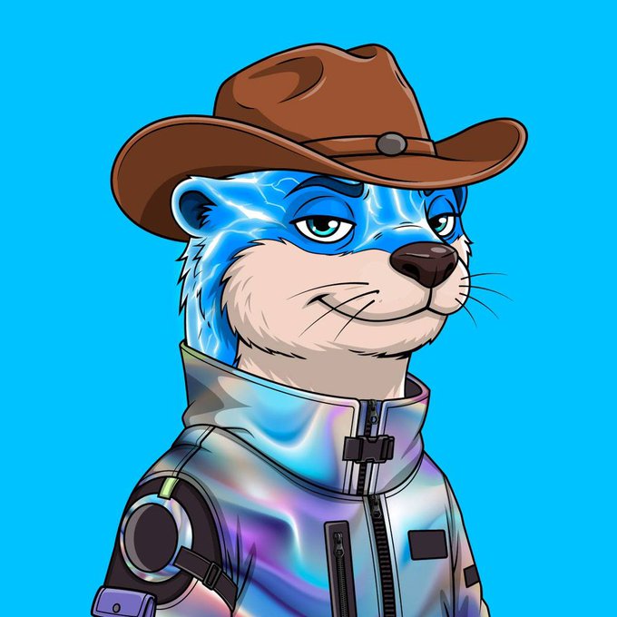 A cartoon illustration of a smug otter-like character wearing a brown cowboy hat and a holographic/iridescent jacket against a bright blue background.