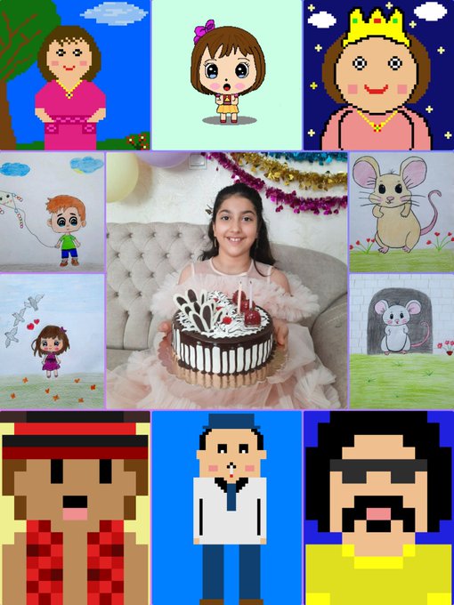 A photo collage centered on a smiling girl holding a chocolate birthday cake, surrounded by pixel art and cartoon-style character drawings.