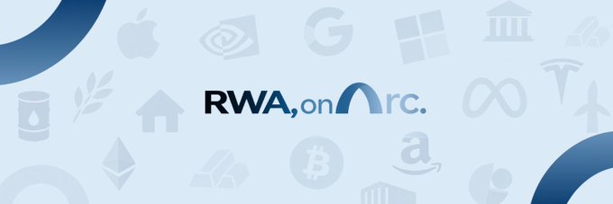 A graphic with the text 'RWA, on Arc.' surrounded by faded icons of various tech and crypto companies like Apple, Google, and Bitcoin.