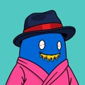 A cartoon illustration of a blue character wearing a pink trench coat and a dark fedora hat against a teal background.