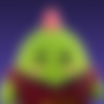 A heavily blurred, pixelated image showing a figure with a pink head and green body against a blue background.