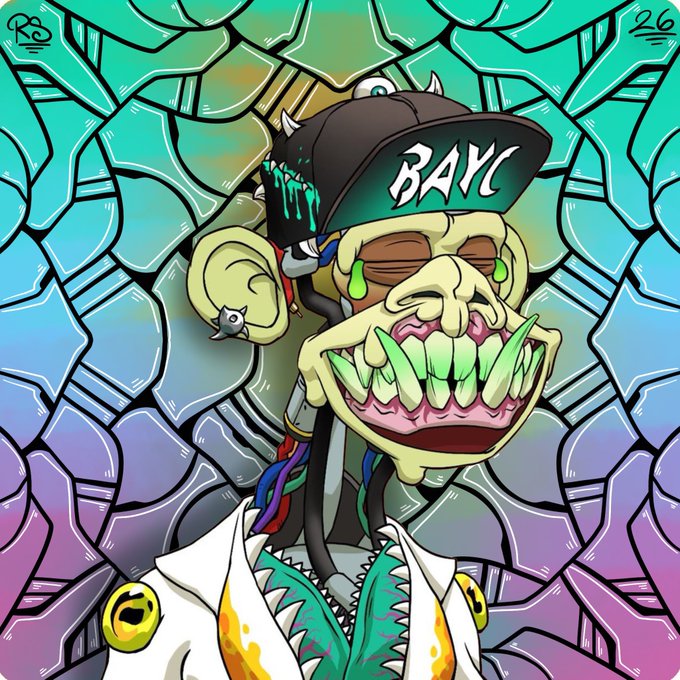 A cartoonish Bored Ape-style character wearing a 'BAYC' cap with green fangs and a spiked jacket appears against a stained-glass background.