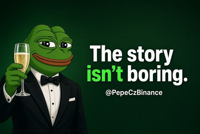 The Pepe the Frog meme dressed in a tuxedo holding a champagne glass, with text reading 'The story isn't boring.' and '@PepeCzBinance'.