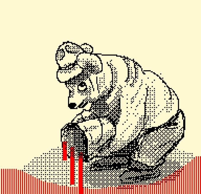 A pixel-art bear crouches down as a red candlestick chart plunges beneath it, visually echoing the post's "#crypto" caption with a clear depiction of a market crash.