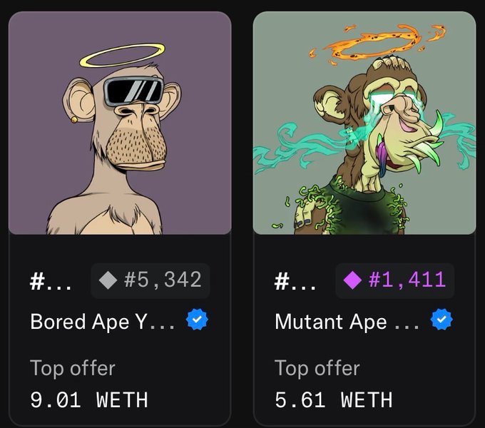 Two NFT listings are displayed side-by-side: Bored Ape Yacht Club #5,342 with a top offer of 9.01 WETH, and Mutant Ape #1,411 with a top offer of 5.61 WETH. The post suggests the owner's hope that their lower-valued Mutant Ape one day surpasses their Bored Ape in worth.