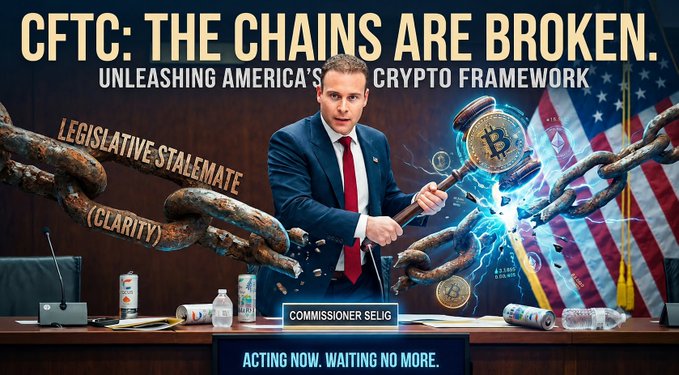 A political graphic featuring a man in a suit breaking chains with a Bitcoin-themed hammer, with text reading 'CFTC: THE CHAINS ARE BROKEN. UNLEASHING AMERICA'S CRYPTO FRAMEWORK' and 'COMMISSIONER SELIG / ACTING NOW. WAITING NO MORE.'