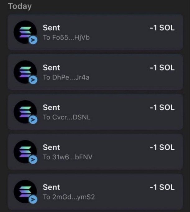 A mobile screenshot shows a transaction history under the heading "Today," displaying five consecutive "Sent" entries, each showing -1 SOL, sent to abbreviated wallet addresses: Fo55...HjVb, DhPe...Jr4a, Cvcr...DSNL, 31w6...bFNV, and 2mGd...ymsS2, each with the purple Solana logo icon, illustrating the "first 2300 wallets" airdrop claim process referenced in the post where 1 SOL is sent to individual addresses.