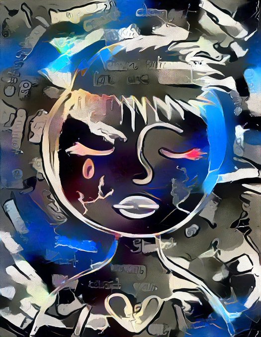 A stylized digital artwork depicting a face with glowing red eyes and blue accents, surrounded by abstract patterns and reversed text.