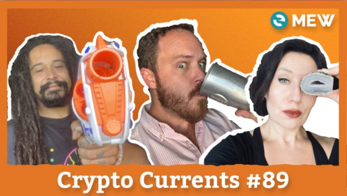 A podcast thumbnail for 'Crypto Currents #89' by 'MEW' featuring three people cut out against an orange background.
