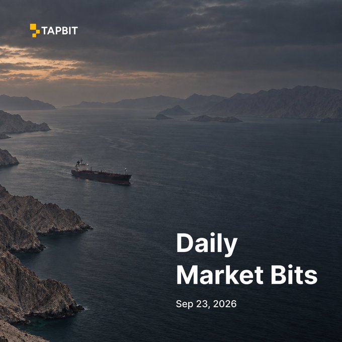 A Tapbit 'Daily Market Bits' report dated Sep 23, 2026 shows an aerial view of a ship on the ocean near rocky cliffs at sunset.