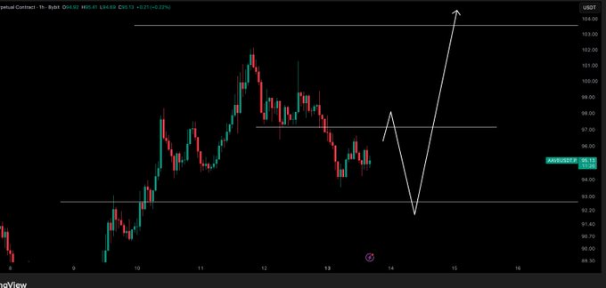 A 1-hour candlestick chart of AAVE/USD is shown, with a white line drawing projecting a sharp move down toward the $92-93 support zone followed by a rally up toward the $103-104 resistance area, illustrating the poster's plan to short on spikes/rejections before looking for longs lower.