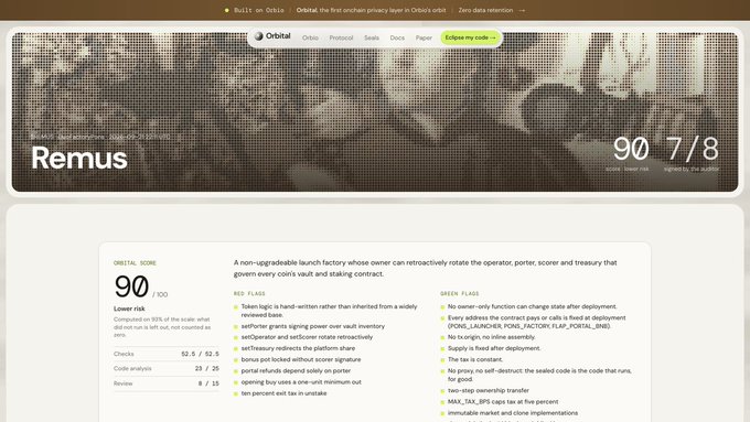 A webpage from Orbital shows an audit entry for "Remus" with an overall score of 90/100 (lower risk) and 7/8 flags, reviewed by claude auditor. The page displays detailed red and green flags including issues like "Token logic is hand-written rather than inherited from a solid reviewed base" and positives like "No owner-only function can change state after deployment," illustrating how the registry exposes every field of an audit publicly while the underlying repository remains hidden.