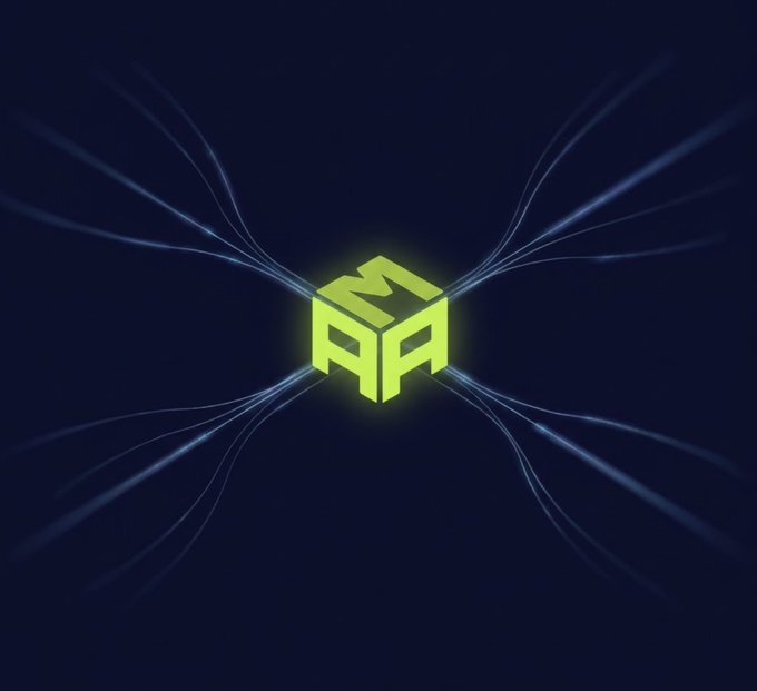 A digital graphic featuring a glowing neon-green isometric cube logo with the letters 'MCAP' on its visible faces, set against a dark navy background with symmetrical light streaks radiating outward.