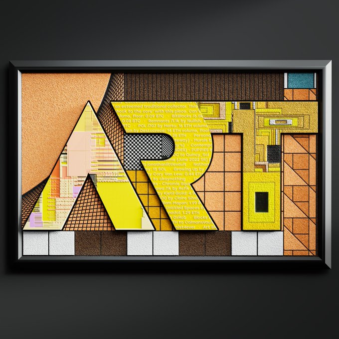 A framed piece of artwork spells out "ART" using a collage of various textures, patterns, and text fragments in warm orange, yellow, and brown tones.