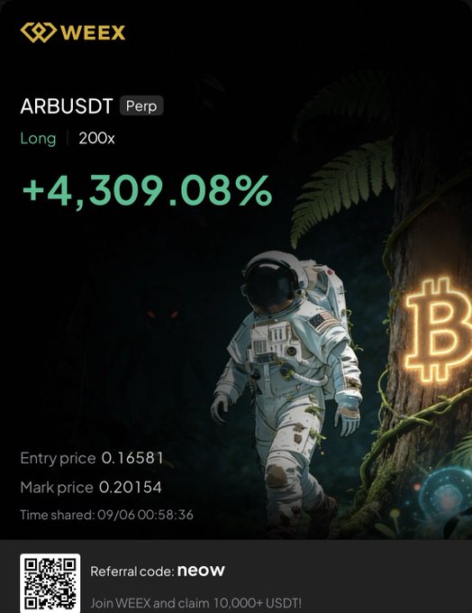 A Weex cryptocurrency advertisement showing a +4,309.08% gain on ARBUSDT Perp with a referral code 'neow' and an astronaut illustration.