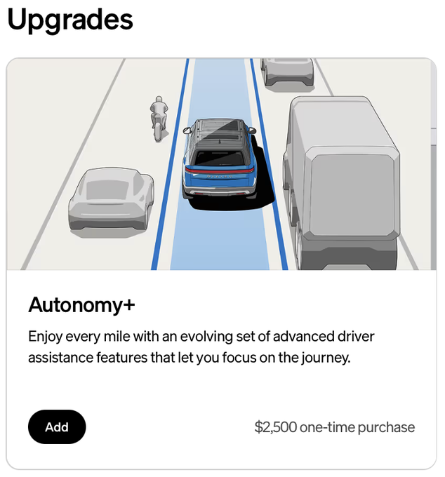 The image displays a webpage upgrade section titled "Upgrades," featuring a stylized illustration of a blue car in its lane among other vehicles and a motorcyclist. Below the image, "Autonomy+" is listed as an advanced driver assistance package available for a $2,500 one-time purchase, reinforcing the post's claim that its price is being held steady through 2027.