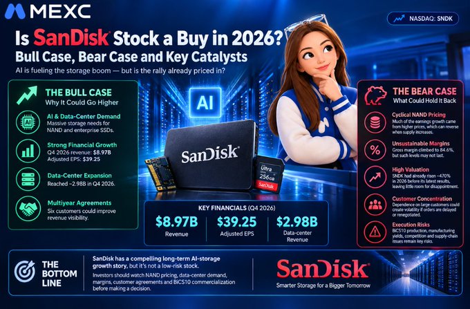 A MEXC financial infographic titled 'Is SanDisk Stock a Buy in 2026? Bull Case, Bear Case and Key Catalysts' featuring an AI illustration and key financials like $8.97B Revenue and $39.25 Adjusted EPS for Q4 2026 (NASDAQ: SNDK).