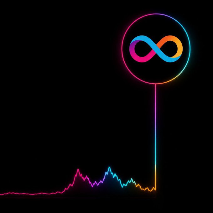 A neon-style digital artwork features a glowing infinity symbol in rainbow colors positioned above a colorful audio waveform or frequency graph on a black background.