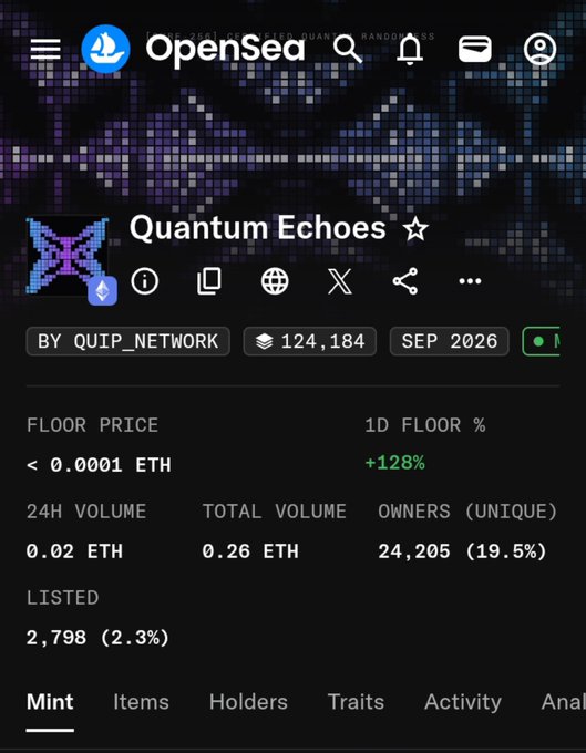 An OpenSea NFT collection page titled "Quantum Echoes" by QUIP_NETWORK, showing 124,184 items, a floor price below 0.0001 ETH, and 24,205 unique owners (19.5%).
