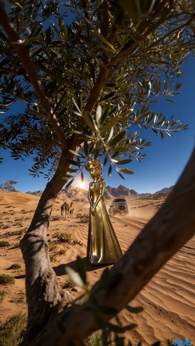 A golden statue of a woman in a long dress stands beneath an olive tree in a desert landscape, with camels and vehicles visible in the sandy background.