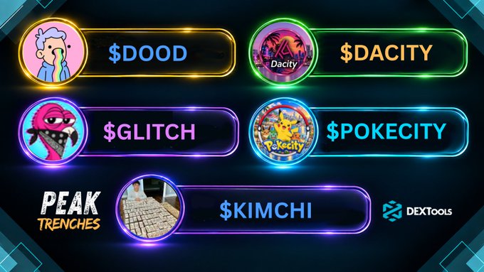 A neon promotional graphic for Peak Trenches and DexTools lists meme coin tickers $DOOD, $DACITY, $GLITCH, $POKECITY, and $KIMCHI in colorful glowing frames. It accompanies a post highlighting Kimchi as a one-day-old Solana token and Pokecity as an 18-hour-old project blending Pokémon nostalgia with memes.