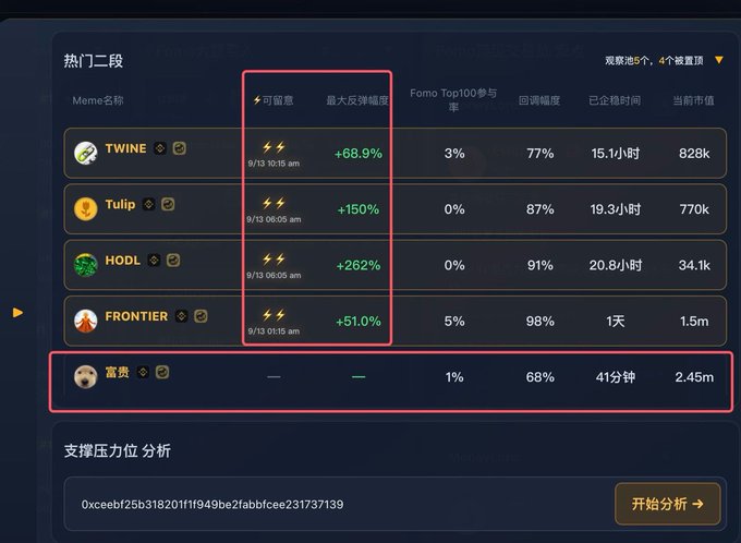 A Chinese-language meme token tracking dashboard for '热门二段' (Hot Second Tier) listing tokens like TWINE, Tulip, HODL, FRONTIER, and 富奥 with metrics including rebound amplitude (+68.9%, +150%, +262%, +51.0%), Fomo Top100 participation, return amplitude, and market cap.