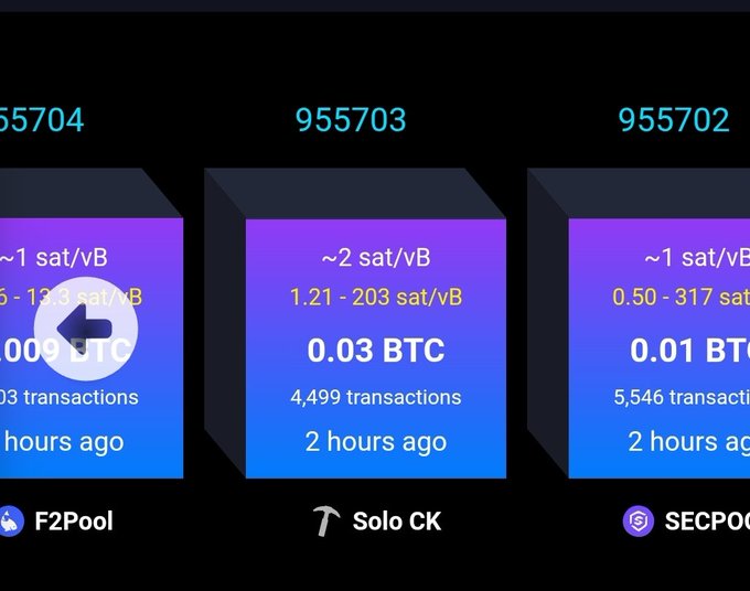 A display of recent Bitcoin block numbers (955704, 955703, and 955702) shows solo miners and mining pools, with block 955703 mined by "Solo CK" yielding 0.03 BTC (~2 sat/vB) approximately 2 hours ago, illustrating the rare but real success of solo home miners celebrated in the post.