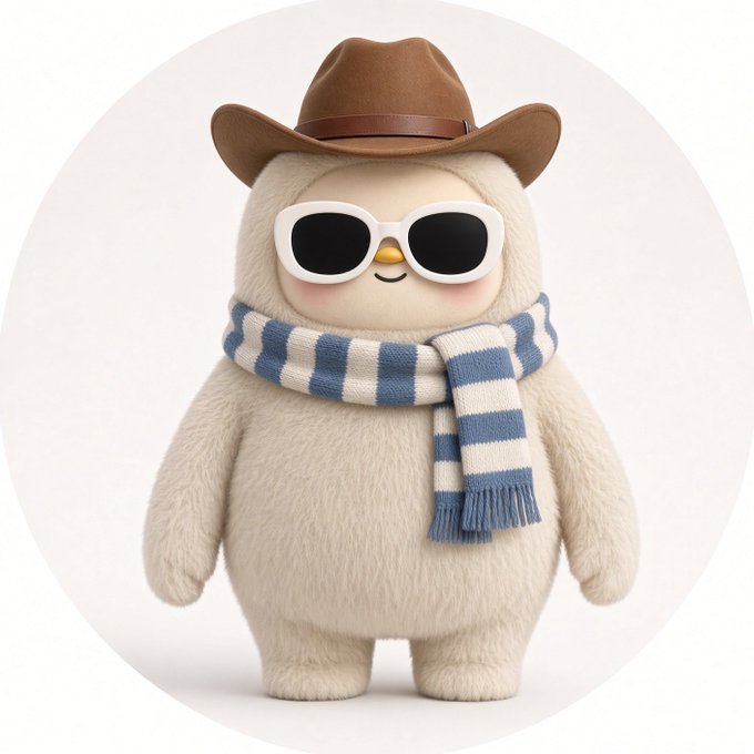 A cute fluffy white plush character wearing a brown cowboy hat, white sunglasses, and a blue and white striped scarf.