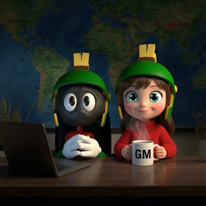 A 3D animated scene features Marvin the Martian and a young girl with brown hair, both wearing green helmets, sitting at a desk with a laptop and a white mug labeled 'GM', set against a world map background.