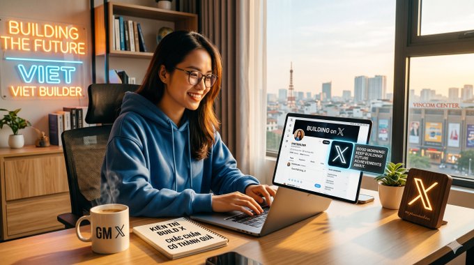 A young woman works on a laptop in a high-rise office with a city view, alongside neon signs reading 'BUILDING THE FUTURE VIET' and 'VIET BUILDER', a mug labeled 'GM X', and a laptop displaying 'BUILDING ON X' with X-branded signage.